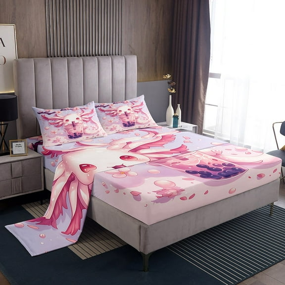 Erosebridal Pink Axolotl Bed Sheets Set Twin Size, Boba Milk Tea Bed Sheets Twin, Blossoms Flower Reversible Sheet Set Twin, Microfiber Room Decoration, 3pcs