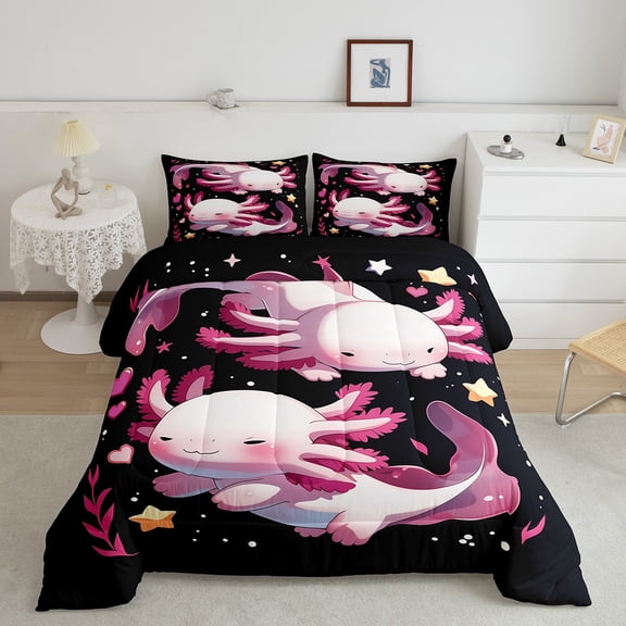 Erosebridal Pink Axolotl Bedding Full Comforter Set, Cartoon Animal Down Comforter, Dreamy Galaxy Stars Reversible Comforters & Duvets, Breathable Bedroom Decorative, 3pcs