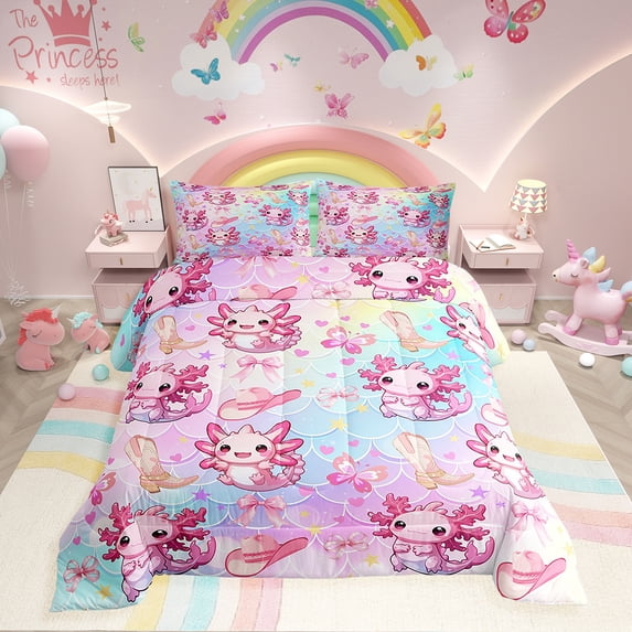 Erosebridal Pink Axolotl Bedding Full Comforter Set, Cute Rainbow Down Comforter , Stars Reversible, 3-Piece
