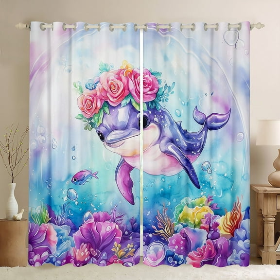 Erosebridal Cartoon Dolphin Curtains for Living Room,Blue Pink 30%-50% Blackout Curtains Set of 2 (38x45),Ocean Theme Decor