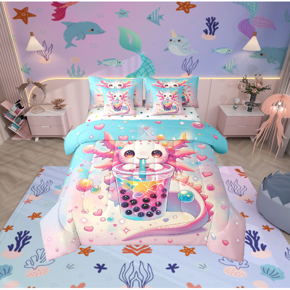 Erosebridal Pink Axolotl Bedding Sets Twin Size, Cartoon Animal Comforter Sets with Sheets, Milk Tea Boba Reversible Bed Set, Microfiber Bedroom Decor, 7pcs