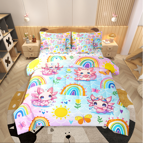 Erosebridal Pink Axolotl Bedding Sets Twin Size,Cartoon Animal Comforter Sets with Sheets,Rainbow Decor,Reversible,Lightweight,7-Piece
