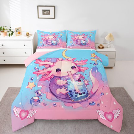 Erosebridal Pink Axolotl Bedding Twin Comforter Set, Funny Animal Comforter Sets Twin Size, Boba Milk Tea Reversible Down Comforter, Ultra Soft Room Decoration, 2-Piece