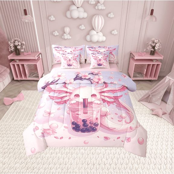Erosebridal Pink Axolotl Bedding Twin Size, Boba Milk Tea Bed in a Bag Twin size, Blossoms Flower Reversible Bed Set, Microfiber Room Decoration, 7pcs