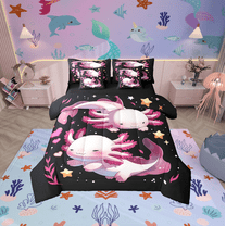 Erosebridal Pink Axolotl Bedding Twin Size, Cartoon Animal Bedding Sets Twin Size, Dreamy Galaxy Stars Reversible Bed Set, Breathable Bedroom Decorative, 7pcs