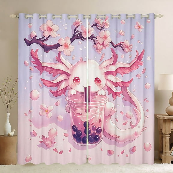 Erosebridal Pink Axolotl Curtains and Drapes (38x45), Boba Milk Tea 30%-50% Blackout Curtains for Bedroom, Blossoms Flower Curtains for Living Room, Window Curtains Room Decoration