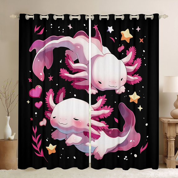 Erosebridal Pink Axolotl Curtains for Living Room, Cartoon Animal 30%-50% Blackout Curtains Set of 2 (38x54), Dreamy Galaxy Stars Curtains Pack of 2, Window Drapes Bedroom Decorative