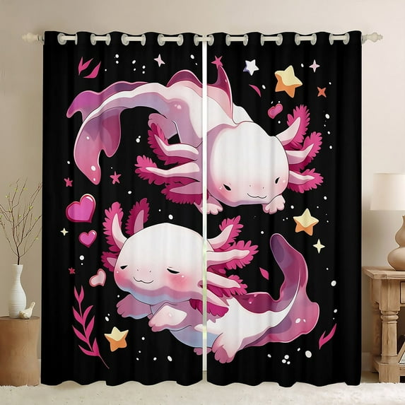 Erosebridal Pink Axolotl Curtains Pack of 2 (38x45), Cartoon Animal Curtains for Living Room, Dreamy Galaxy Stars 30%-50% Black Out Curtains, Window Drapes Bedroom Decorative