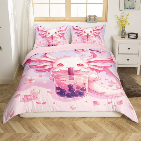 Erosebridal Pink Axolotl Duvet Cover Twin, Boba Milk Tea Bedding Sets Twin Size, Blossoms Flower Reversible Comforter Cover Twin, Microfiber Room Decoration, 2pcs(No Comforter)