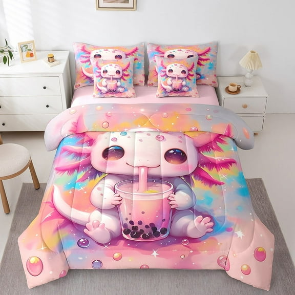 Erosebridal Pink Axolotl Bed In A Bag 7 Pcs Cute Cartoon Ocean Animal Full Size Comforter Set Dessert Milk Tea Bedding Set For Teen Room Decor,Rainbow Tie Dye Wildlife Bed Set