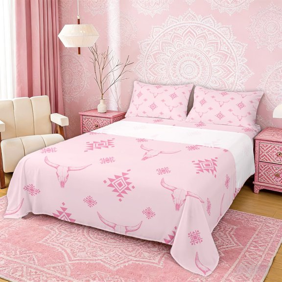 Erosebridal Pink Aztec Queen Sheet Sets for Girls, Rustic Lodge Cabin Cow Skull Bed Set, 4pcs 1 Flat Sheet, 1 Fitted Sheet and 2 Pillowcases