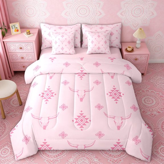 Erosebridal Pink Aztec Twin Bedding Sets for Girls, Rustic Lodge Cabin Cow Skull Bedding Comforter Set, Pink Reversible 7-Piece