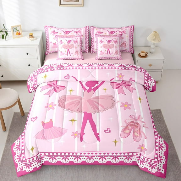 Erosebridal Pink Baller Gril Bedding Sets Twin Size,Retro Flower Floral Comforter Sets with Sheets,Fariy Tale Bed in a Bag Twin Size For Princess,Microfiber Room Decor Reversible,7-Piece