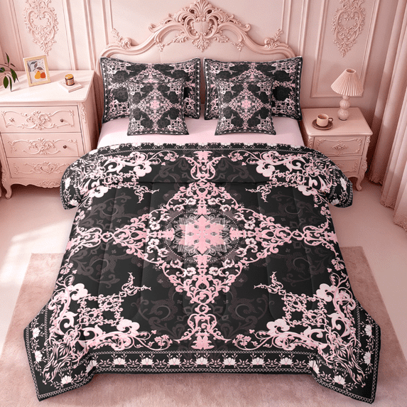 Erosebridal Pink Baroque Floral 7-Piece Bedding Comforter Set,Vintage Gothic Damask King Bedding Sets For Men Women,Reversible pink