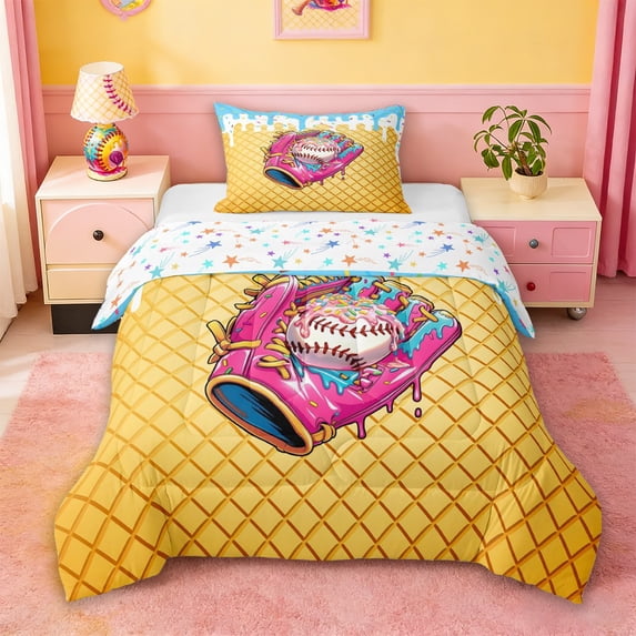 Erosebridal Pink Baseball Sport Glove Twin Comforter Sets,Kids Ball Gamer Bedding Set For Ice Cream Baseball Lover,Reversible,2 Pieces