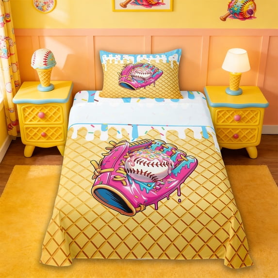 Erosebridal Pink Baseball Sport Glove Twin Sheet Sets,Kids Ball Gamer Bedding For Ice Cream Baseball Lover 3 Pieces
