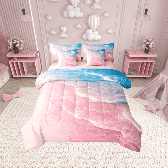 Erosebridal Pink Beach Bed in a Bag Twin size, Romantic Ocean Bed Set, Coastal Marine Reversible Bedding Twin Size, Microfiber Bedroom Decoration, 7pcs