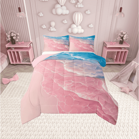 Erosebridal Pink Beach Bedding Sets Twin with Comforter, Romantic Ocean Duvet Insert, Coastal Marine Reversible Down Comforter, Microfiber Bedroom Decoration, 2pcs