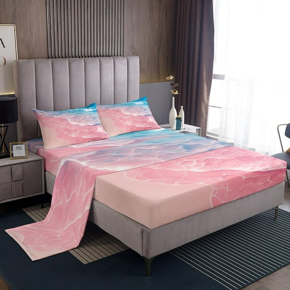 Erosebridal Pink Beach Twin Sheet Sets, Romantic Ocean Bedding Twin Size, Coastal Marine Reversible Bed Sheets Twin, Microfiber Bedroom Decoration, 3pcs