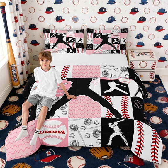Erosebridal Pink Black Baseball Queen Comforter Set, Cute Sport Bedding Comforter Set for Girls and Boys, Black Reversible 3pcs, 1 Comforter and 2 Pillowcases