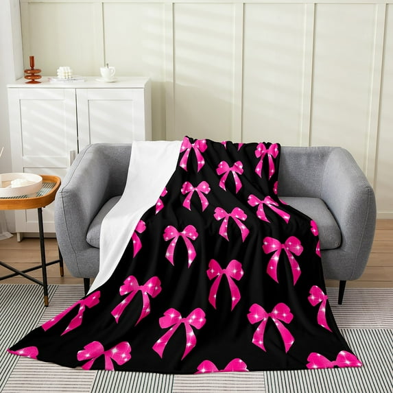 Erosebridal Pink Black Bow Plush Throw Blanket Throw 50"x60" Kawaii Cute Bowknot Blanket Room Decor Dreamy Princess Bow Flannel Fleece Blanket
