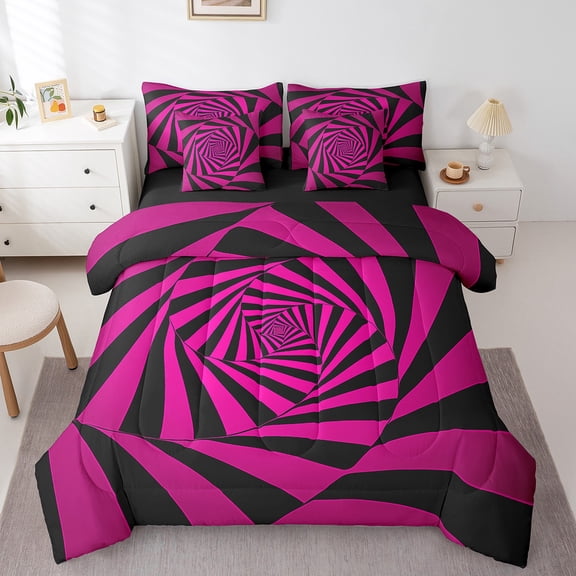 Erosebridal Pink Black Spiral Bed in a Bag Twin Size,Ombre 3D Geometry Bed Set,Modern Abstract Art Bedding Twin Size,Lightweight Bedroom Decorative Reversible,7 Pieces