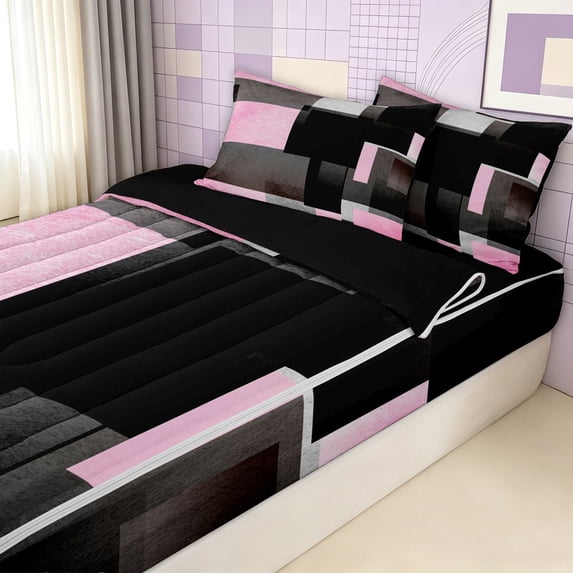 Erosebridal Pink Black Square Zipper Twin Comforter Sets with Fitted Sheet and 2 Pillowcases for Girls, Block Abstract Print Zipper Bedding Set, Black Reversible, 4 Pieces