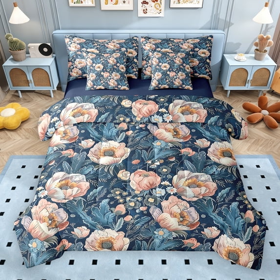 Erosebridal Pink Blossoms Bedding Comforter Set for Girls, Tropical Flower Floral Full Bedding Set, Navy Reversible, 7pcs