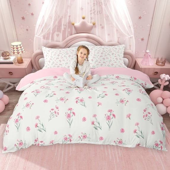 Erosebridal Pink Blossoms Queen Duvet Cover Set for Kids Girls, Watercolor Flower Floral Bedding, Pink Reversible 3-Piece, 1 Duvet Cover and 2 Pillowcases, No Comforter