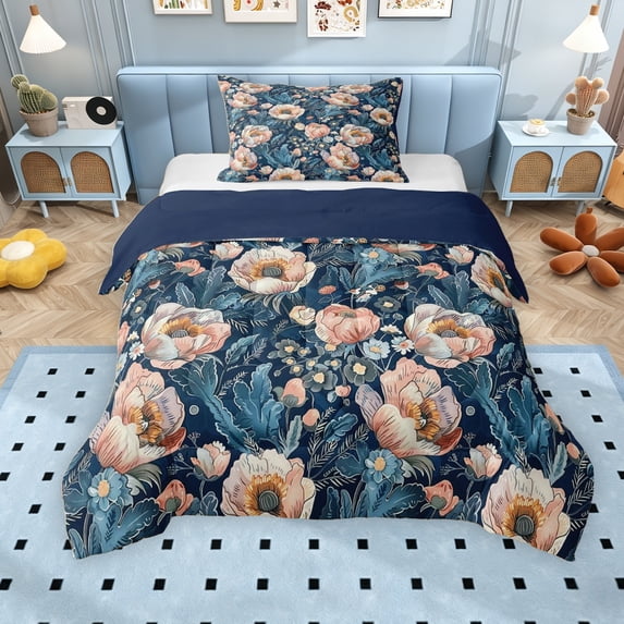Erosebridal Pink Blossoms Twin Comforter Sets for Girls, Tropical Flower Floral Bedding Set, Navy Reversible, 2pcs