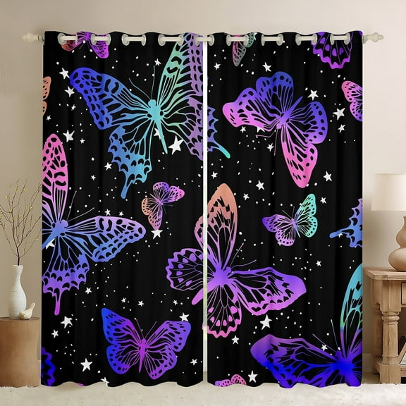Erosebridal Pink Blue Butterfly Curtains & Drapes Chic Cute Animal Blackout Curtains, Sparkling Stars Curtains Girly Pastel Gradient Bedroom Curtains, Teal Navy Neon Butterfly Window Drapes