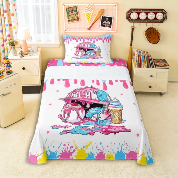 Erosebridal Pink & Blue Dripping Baseball Helmet Sundae Graphic Twin Sheet Sets 3pcs, Dessert Graphic Bedding for Girls Kids,Microfiber Bedroom Decor