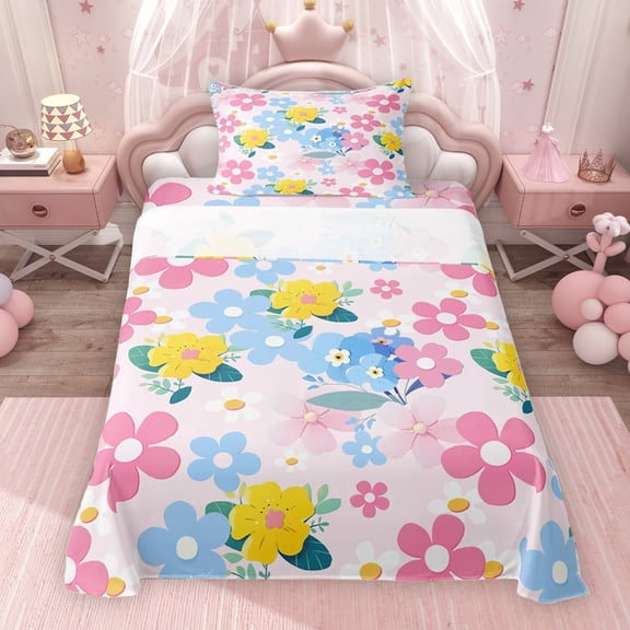 Erosebridal Pink Blue Flower Twin Sheet Sets for Kids Girls, Colorful Groovy Floral Bedding, 1 Flat Sheet 1 Fitted Sheet and 1 Pillowcase, 3pcs