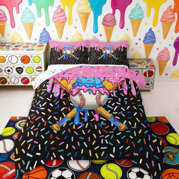 Erosebridal Pink Blue Ice Cream Baseball Bat Print Queen Comforter Set, Sweet Sports Theme Bedding Comforter Set for Kids Boys and Girls, Colorful Stars Reversible 3pcs, 1 Comforter and 2 Pillowcases