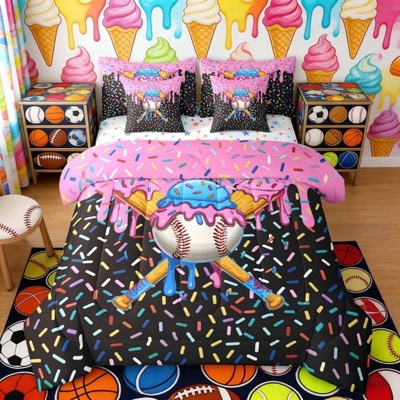 Erosebridal Pink Blue Ice Cream Baseball Bat Print Twin Bedding Sets, Sweet Sports Theme Bedding Comforter Set for Kids Boys and Girls, Colorful Stars Reversible 7-Piece