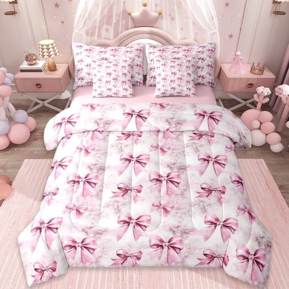 Erosebridal Pink Bow 7-Piece Bedding Comforter Set For Bowtie Girl,Vintage Flower Floral King Bedding Sets,Dreamy Princess Style Bows,Reversible