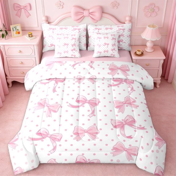 Erosebridal Pink Bow 7-Piece Twin Bedding Sets For Girls,Kawaii Geometric Circles Pattern Bedding Comforter Set For Kids,Pink Reversible