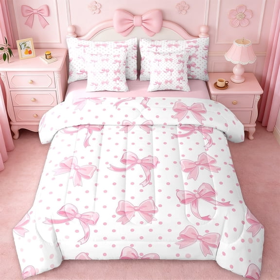 Erosebridal Pink Bow 7pcs Bedding Comforter Set For Girls,Kawaii Geometric Circles Pattern Queen Bedding Sets For Kids,Pink Reversible