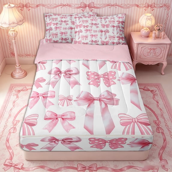 Erosebridal Pink Bow Assortment Zipper Twin Comforter Sets with Fitted Sheet and 2 Pillowcases,Dot Stripe Satin Zipper Bedding Set,Baby Pink White,4-Piece,Pink Reversible