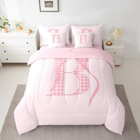 Erosebridal Pink Bow Bed in a Bag Full size, Initial B Bed Set, Princess Room Decor, Reversible 7 Pieces
