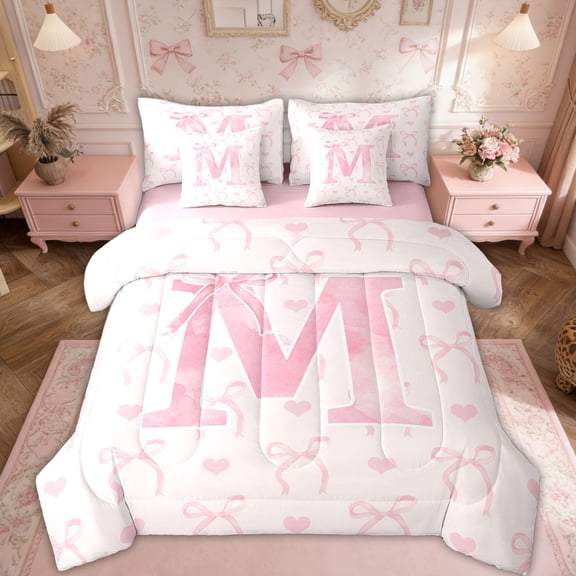 Erosebridal Pink Bow Bedding Twin Size, Initial Letter M Bed in a Bag Twin size, Princess Bowknot Decor, Reversible
