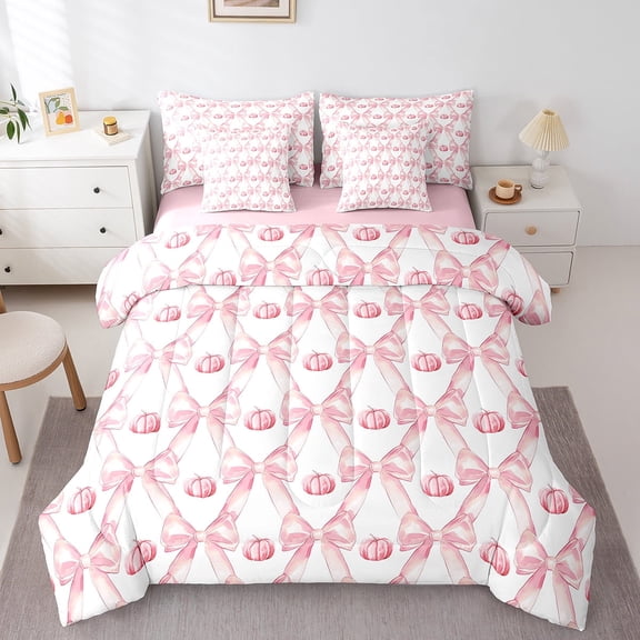 Erosebridal Pink Bow Bedding Set,Cute Fall Pumpkin Full Comforter Set 7 Piece Pink White Princess Bed In A Bag With Sheets Teen Women Bedroom,Kawaii Bow Decor Sheet Set With Comforter