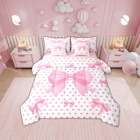 Erosebridal Pink Bow Bedding Sets Twin Size,Cartoon Polka Dots Comforter Sets with Sheets,Kawaii Bowknot Bed in a Bag Twin size,Ultra Soft Cute Room Decorative,Reversible,7-Piece