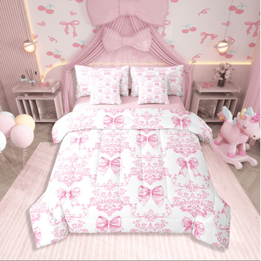 Erosebridal Pink Bow Bedding Sets Twin Size,Victorian Damask Comforter Sets with Sheets,Teenager Bedroom Decor,Reversible,Lightweight,7-Piece