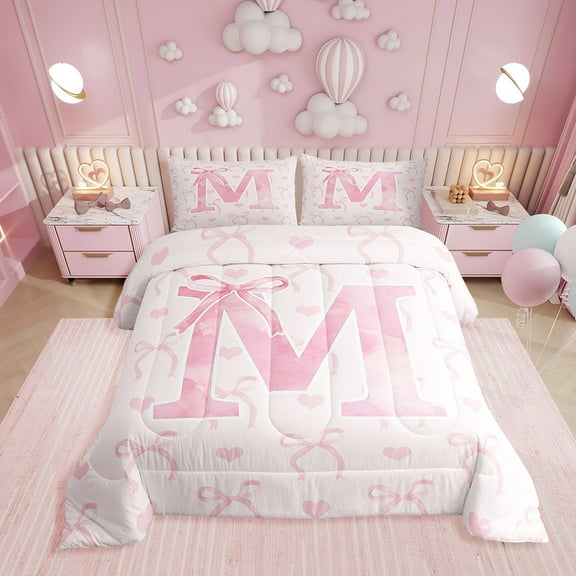 Erosebridal Pink Bow Comforter Sets Twin Size, Initial Letter M Comforters & Duvets, Princess Bowknot Decor, Reversible