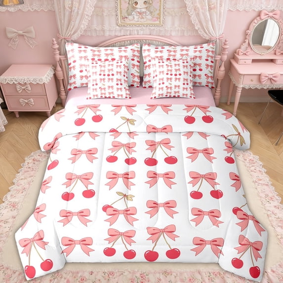 Erosebridal Pink Bow Cherry Bedding Comforter Set for Girls, Cartoon Ribbon King Bedding Sets, Pink Reversible, 7-Piece