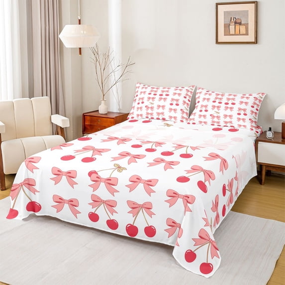 Erosebridal Pink Bow Cherry Full Size Sheets for Girls, Cartoon Ribbon Bed Sheets, 4-Piece