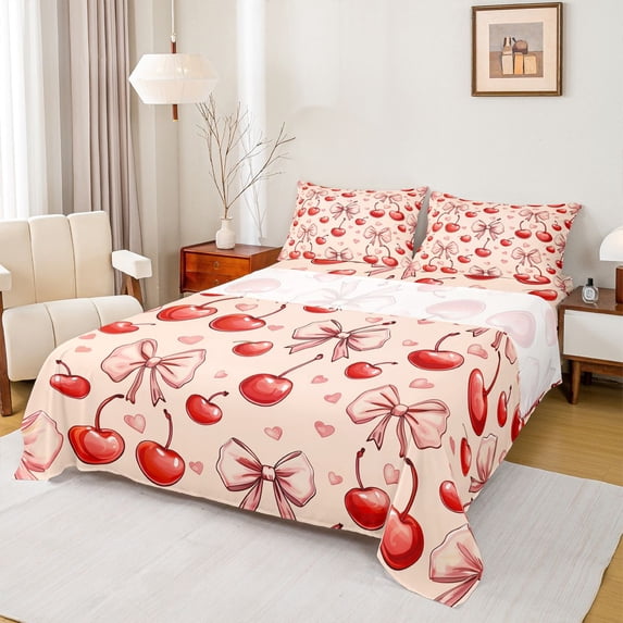 Erosebridal Pink Bow Cherry Queen Sheet Sets for Girls, Vintage Fashion Ribbon Bed Set, 4pcs
