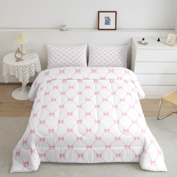 Erosebridal Pink Bow Comforter Set,Watercolor Bowknot Bedding Set Princess Room Decor,Pink and White Cute Plaid Down Comforter,Soft Polyester Quilt Set,1 Pillowcases