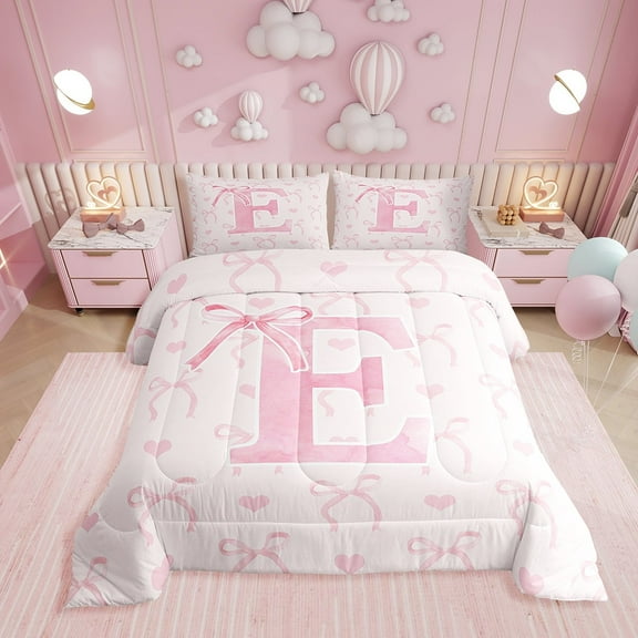 Erosebridal Pink Bow Bedding Twin Comforter Set, Initial Letter E Down Comforter, Princess Bowknot Decor, Reversible 2pcs